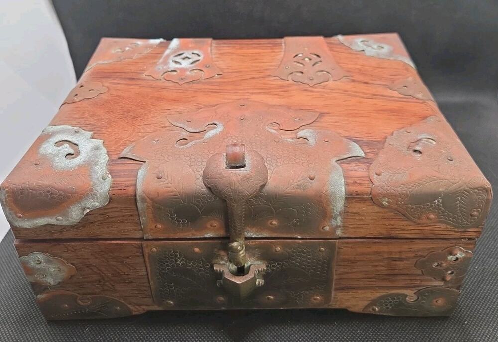 Vintage Chinese Rosewood Jewelry Box Ornate Etched Brass Trinket Chest Cabinet